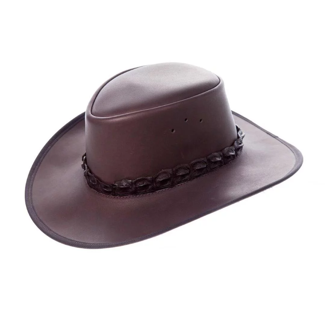 Full Grain Leather Hat with Genuine Crocodile Trim