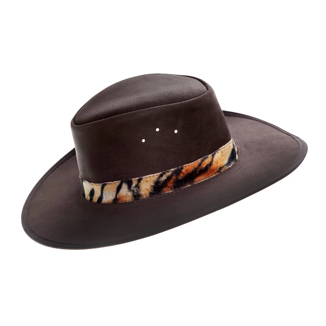 Dark Suede Hat with Animal Material Trim - Dark Brown